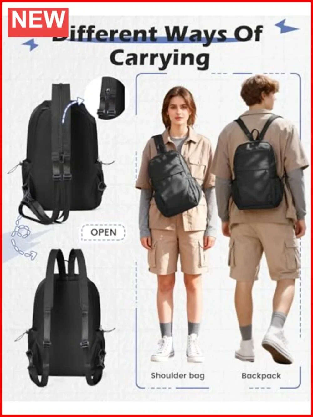 Convertible Sling Crossbody Backpack Waterproof Nylon USB Charging